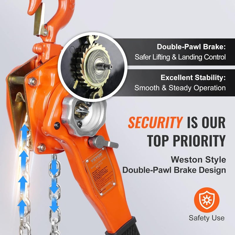 VEVOR Manual Lever Chain Hoist, 3/4 Ton 1650 lbs Capacity 5 FT Come Along, G80 Galvanized Carbon Steel with Weston Double-Pawl Brake, Auto Chain Leading & 360° Rotation Hook, for Garage Factory Dock - Image 3